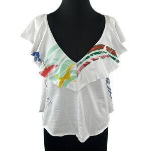 Anthropologie Akemi + Kin White Bon Voyage Cotton Flounce V-Neckline Blouse Sz M